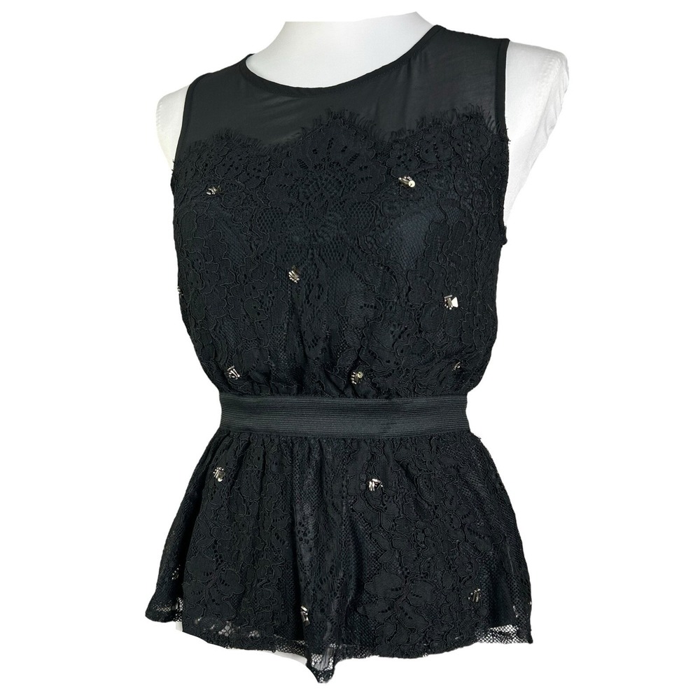 Anthropologie Meadow Rue Top XS Black Lace Beaded Sleeveless Peplum Tank - Picture 4 of 14